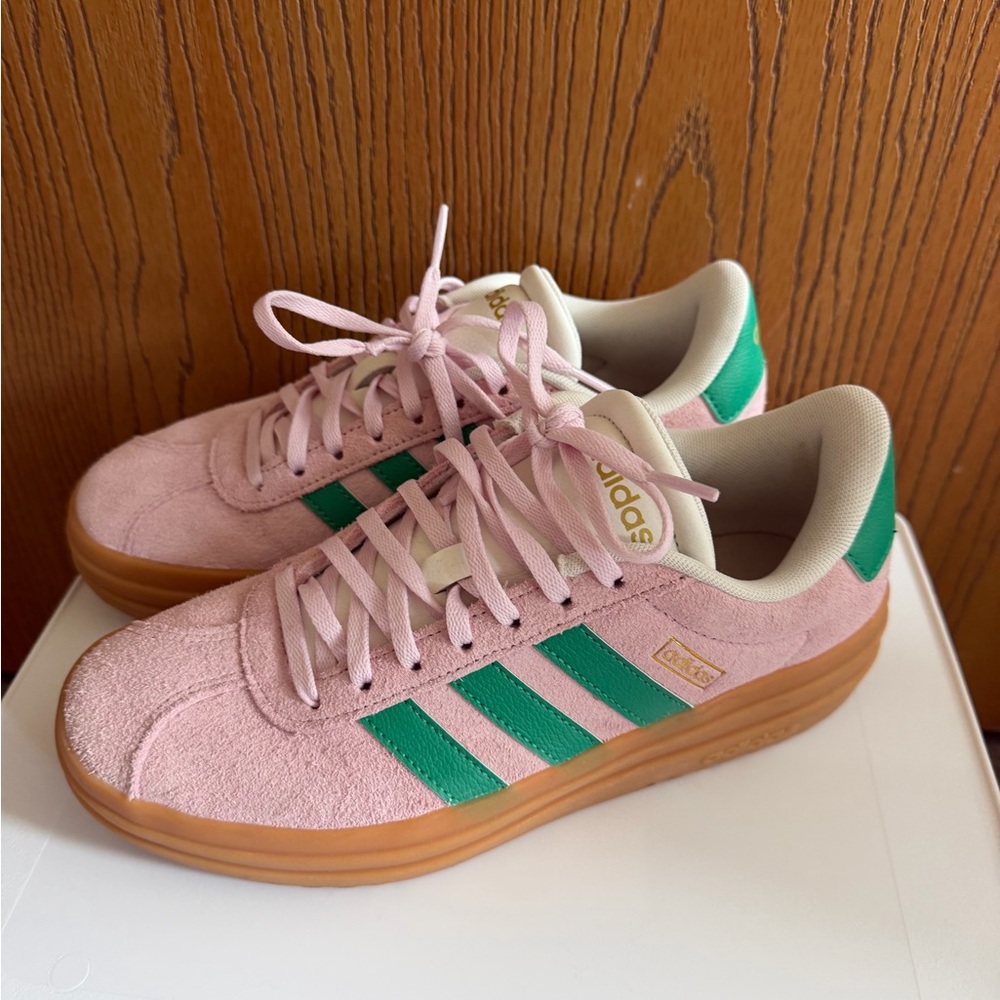 adidas Pink Suede Platform Sneakers with Green Stripes and Gum Sole - Picture 3 of 9